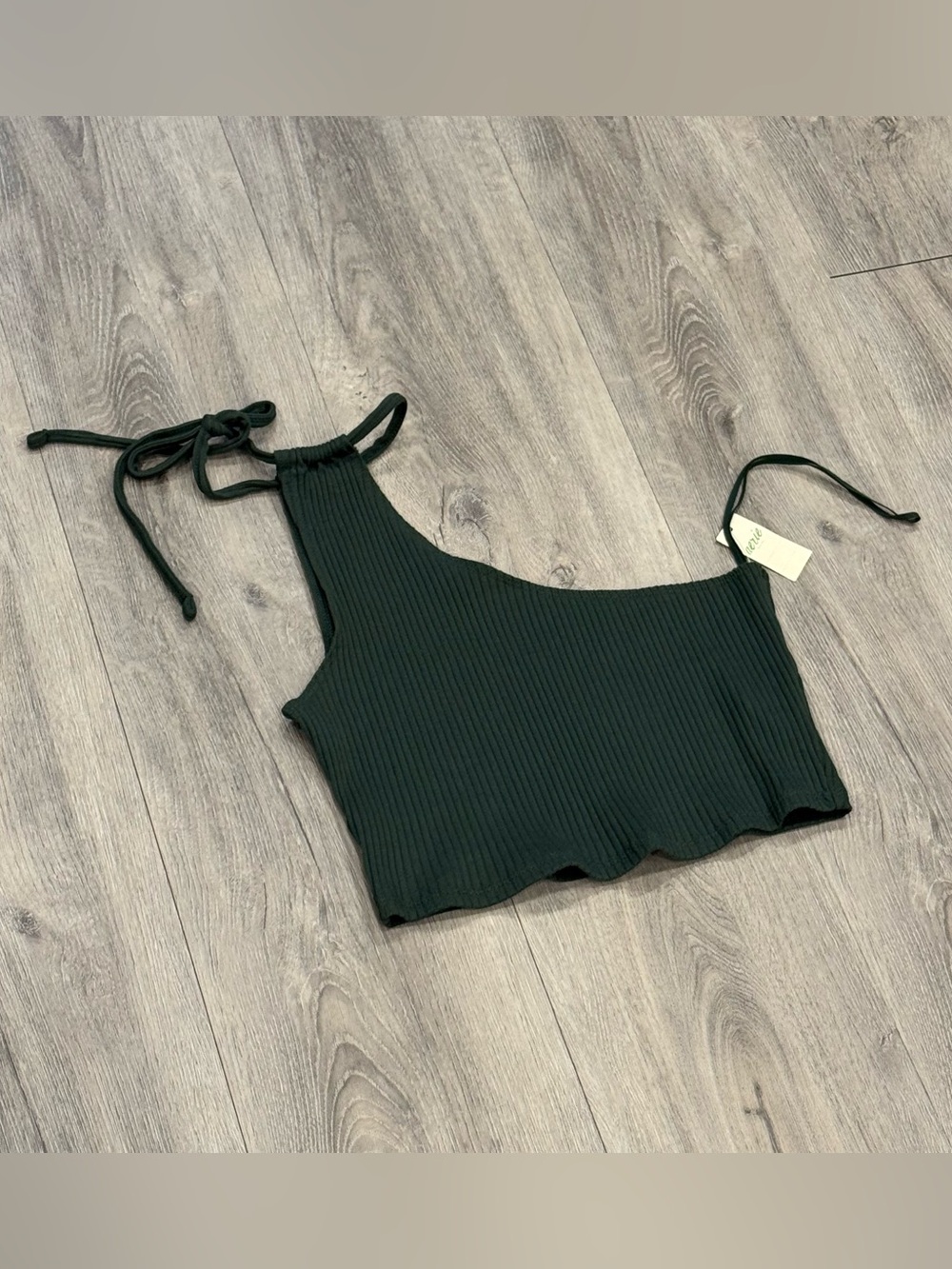 Aerie Dark Green Ribbed Knit One-Shoulder Cropped Summer Tank Top